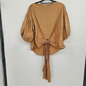 ♡ Active USA Tan Lightweight Puff Sleeve Top with Tie Detail Size Small